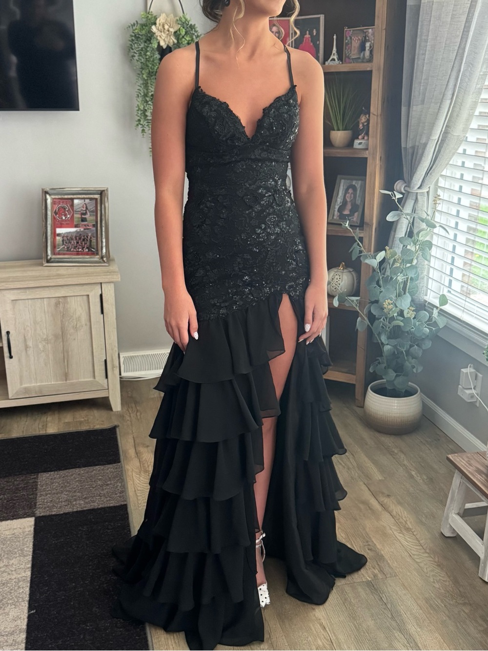 Black Lace & Ruffle Prom Gown with Front Slit
